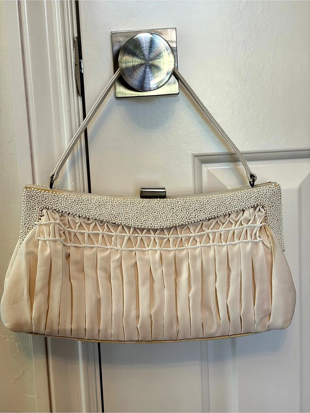 Preston & York Beaded Pleated Clutch in Cream
